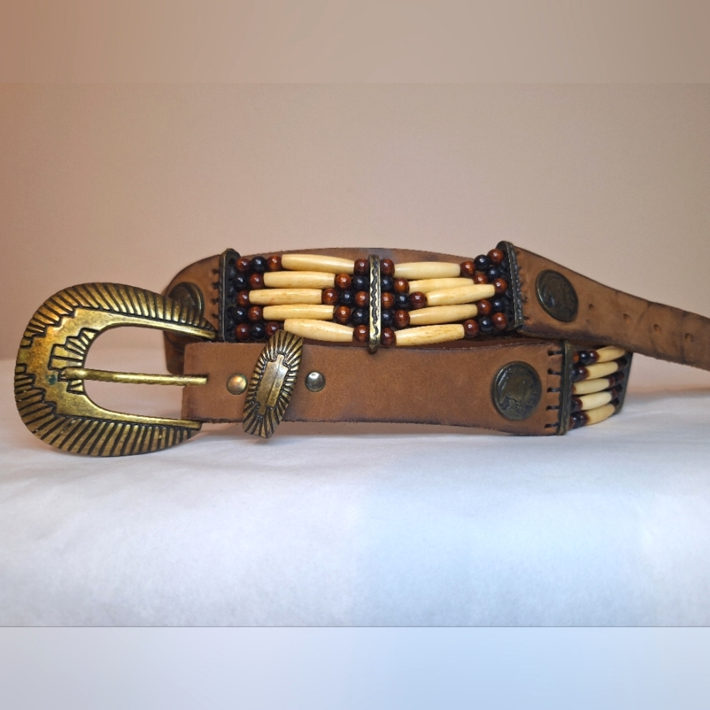 Handmade vintage native American leather brass and bone beaded belt